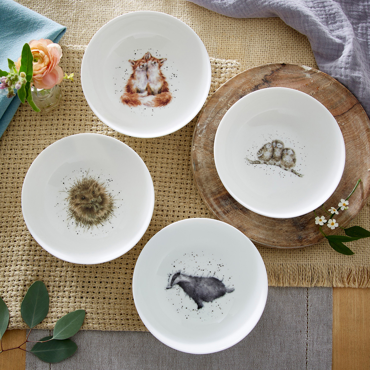 Wrendale Designs Ceral Bowls S/4 Assorted. Badger, Hedgehog, Fox, Owl image number null